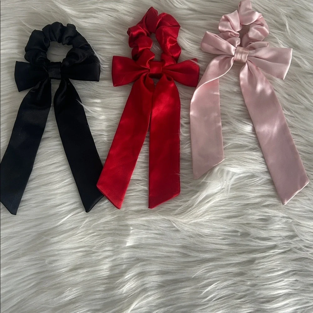 Silk Satin Hair Bow Scrunchies red, pink and black valentine colors set of 3